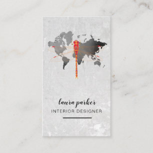 Cartão De Visita Mapa Mundial do Designer Criativo da Red Dragonfly