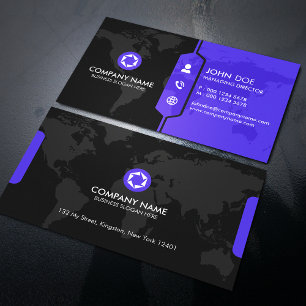 Cartão De Visita Mapa Mundial Preto e Roxo Moderno Corporativo