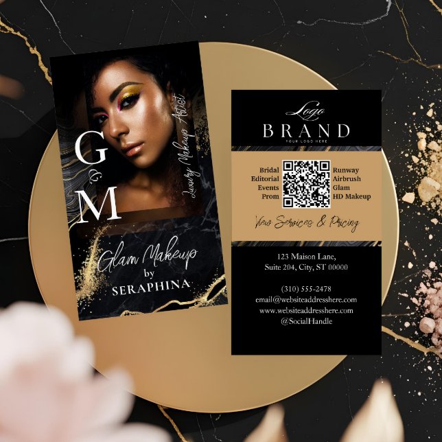 Cartão De Visita Maquiador Artístico Beleza Glamour Luxo Ágata Pret (Luxury Glam Beauty Makeup Artist Black Gold Agate Business Card)