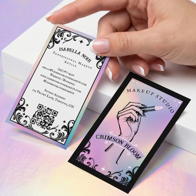 Cartão De Visita Maquiador Artístico de Beleza Holográfico Iridesce (Iridescent holographic Beauty Makeup Artist Luxury Business Card)
