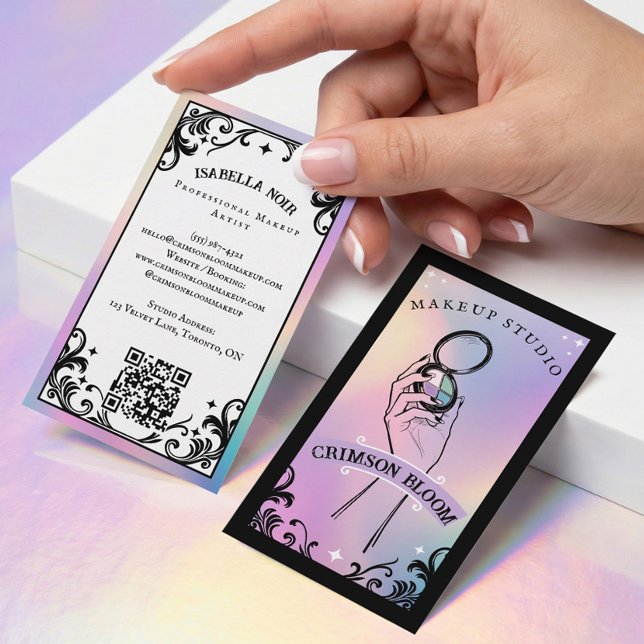 Cartão De Visita Maquiador Artístico de Beleza Holográfico Iridesce (Iridescent holographic Beauty Makeup Artist Luxury Business Card)