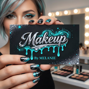 Cartão De Visita Maquiador Teal Silver Drips Glitter Moderno