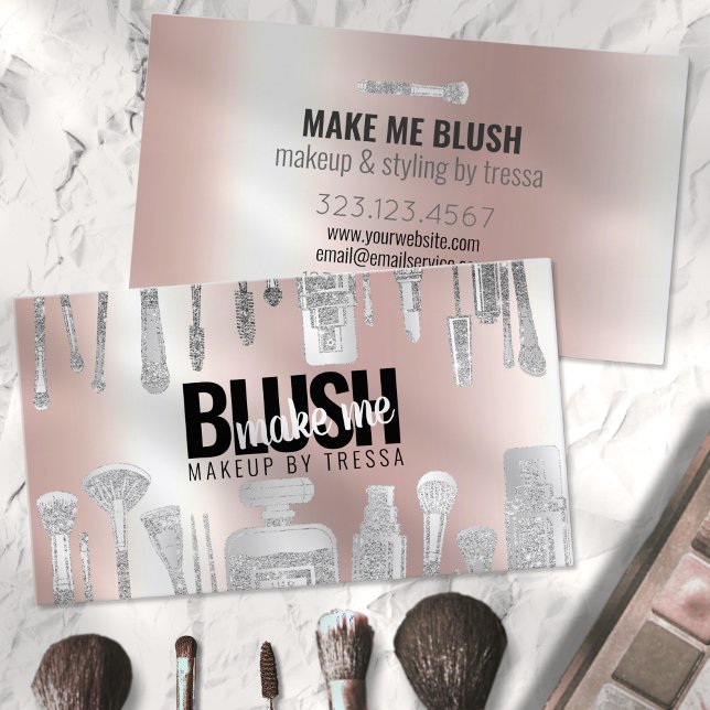 Cartão De Visita Maquiagem Artista Folha de Platina + Rosa Metálico (Criador carregado)