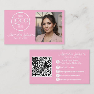 Cartão De Visita Maquiagem com Roteiro Rosa Branco e Preto Foto Per