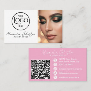 Cartão De Visita Maquiagem com Roteiro Rosa Branco e Preto Foto Per