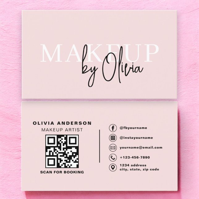 Cartão De Visita Maquiagem de código QR Artista Blush Pink Mídia So (Criador carregado)