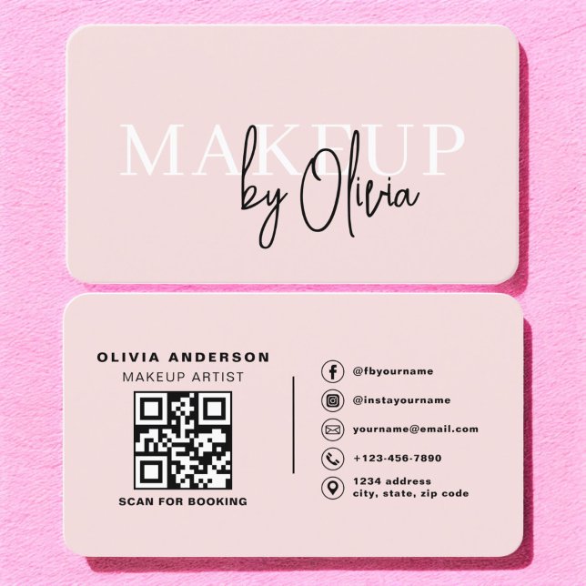 Cartão De Visita Maquiagem de código QR Artista Blush Pink Mídia So (Criador carregado)