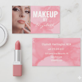 Cartão De Visita Maquiagem de Foto em Aquarela Rosa Coral Enrubesci