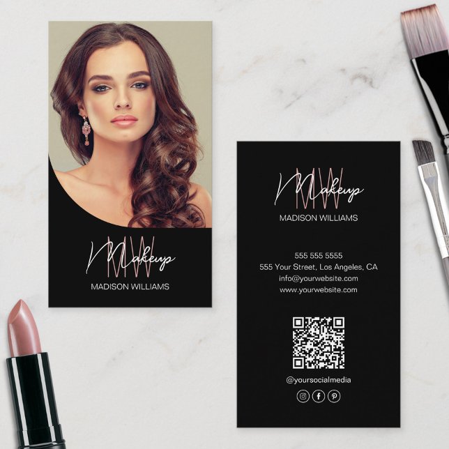 Cartão De Visita Maquiagem de fotos do logotipo monograma preto (Monogram Logo Photo Makeup Artist Black Business Card)