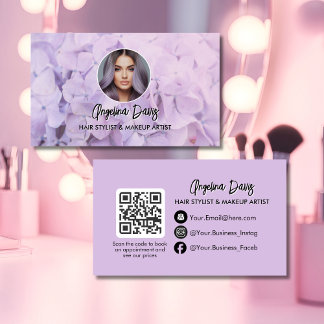 Cartão De Visita Maquiagem moderna floral roxo foto código qr