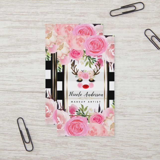 Cartão De Visita Maquiagem Rena Brilho Dourado Olhos Floral Rosa (Frente/Verso In Situ)