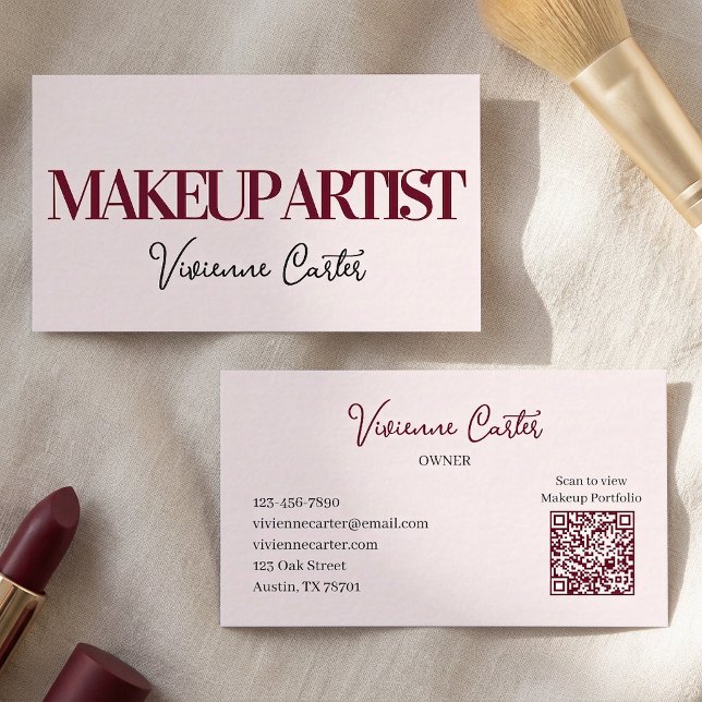 Cartão De Visita Maquiagem Rosa Bege Script Preto (Makeup Artist Blush Pink Minimalist Business Card)