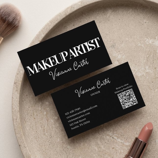 Cartão De Visita Maquiagem Script Preto Branco (Black White Script Makeup Business Card)
