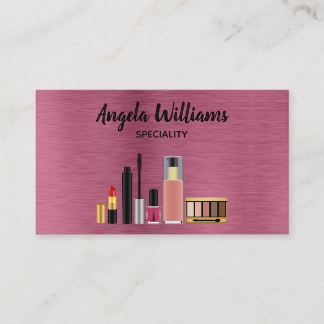Cartão De Visita Maquieteiro rosa metálico-chic e preto (Frente)