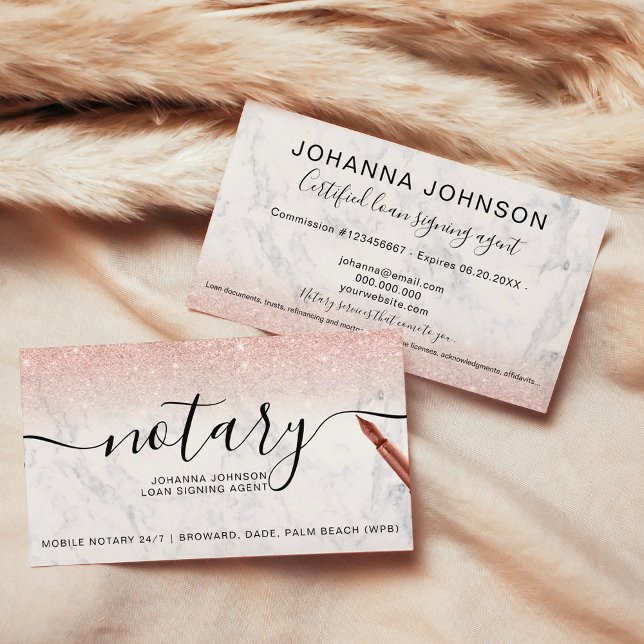 Cartão De Visita Marble Notary loan typografia rosa gold glitter (Marble Notary loan typography rose gold glitter Business Card)