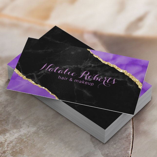 Cartão De Visita Marble & Purple Agate Makeup Artist Hair Salon (Criador carregado)