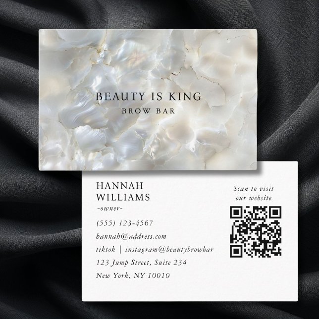 Cartão De Visita Marble, White-Silver, Salão, OR Code (Photo, Marble, White-Silver, Salon, OR-Code Business Card)
