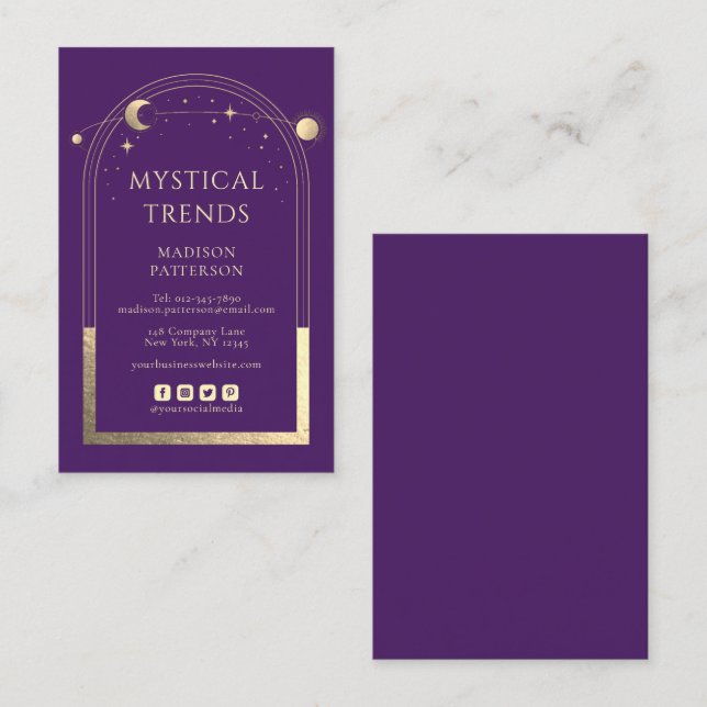 Cartão De Visita Marca Mística Celestial de Ouro Roxo (Frente/Verso)