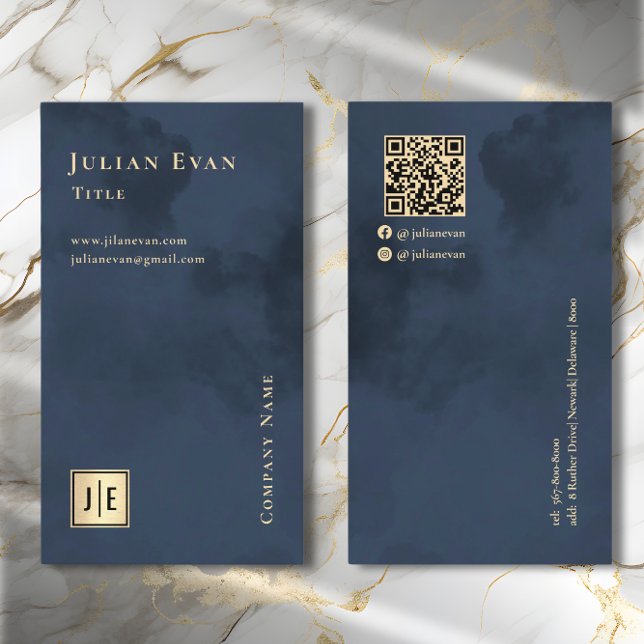 Cartão De Visita Marinho Artístico Azul Dourado Luxe Monograma (Criador carregado)