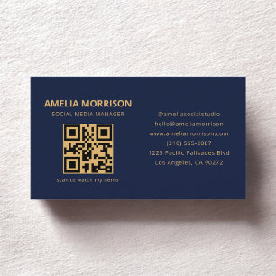 Cartão De Visita Marinho Azul Dourado Código QR mínimo Profissional