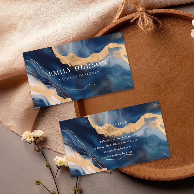 Cartão De Visita Marinho Azul Dourado Marble (Criador carregado)