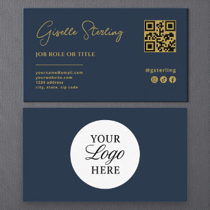 Cartão De Visita Marinho Azul Logotipo Dourado QR Code Empresa prof