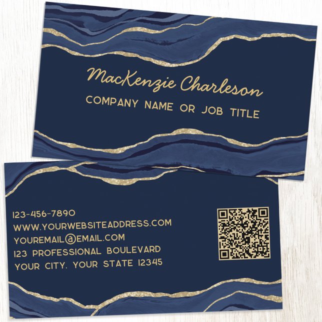 Cartão De Visita Marinho Azul Marble Agate Dourado Glitter Código Q (Navy blue gold agate geode script font elegant business card with QR code)