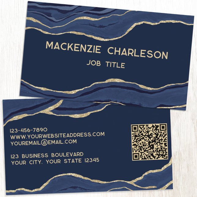 Cartão De Visita Marinho Azul Marble Agate Dourado Glitter Código Q (Navy blue gold agate marble geode personalized business card with QR code)