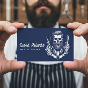 Cartão De Visita Marinho Blue Barber Skull Professional Hair Stylis