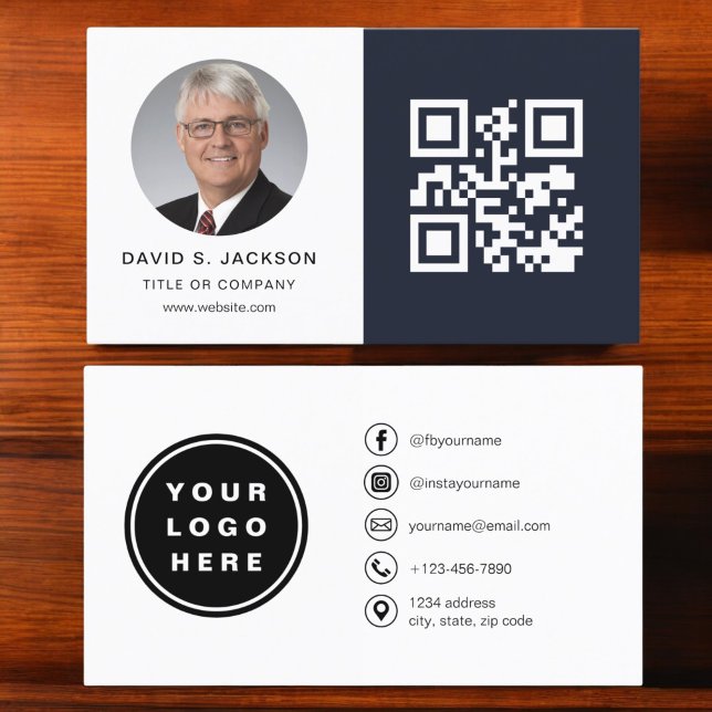 Cartão De Visita Marinho Blue Minimalist Fotografia Minimalist QR C (Criador carregado)