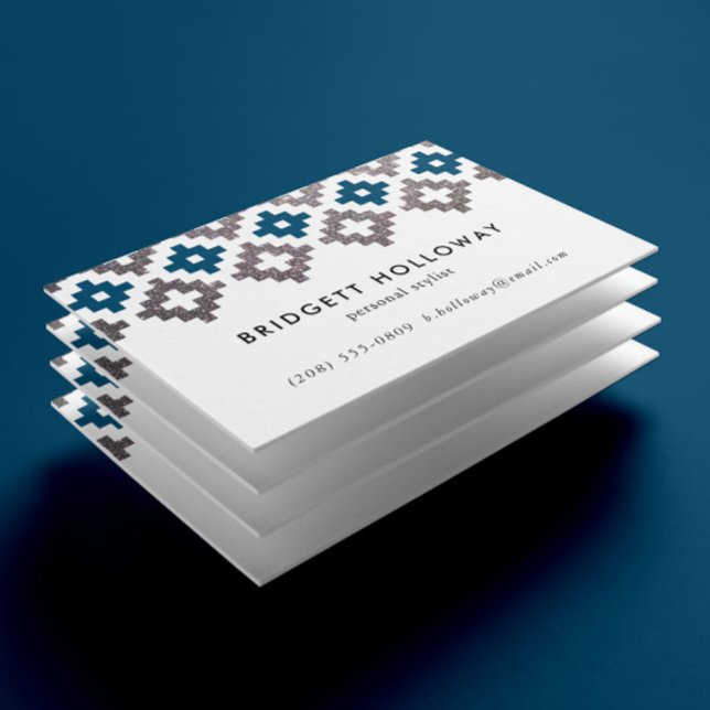 Cartão De Visita Marinho de cobertura moderno sudoeste e brilho de  (Southwestern boho style geometric patterned business cards with faux silver glitter and navy blue)
