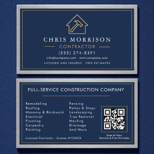 Cartão De Visita Marinho de construção azul Código QR de metal