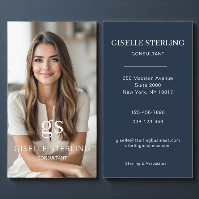 Cartão De Visita Marinho de Foto do Consultor - Profissional Azul (Criador carregado)