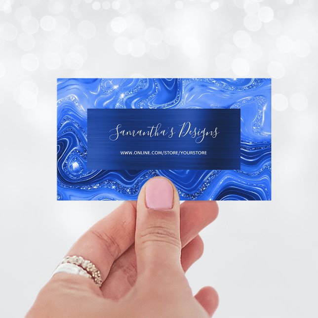 Cartão De Visita Marinho de Grelha de Grelha de Agato Azul Real Lux (Luxury Royal Blue Marble Agate Glam Navy Foil Business Card)