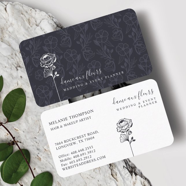 Cartão De Visita Marinho de Lente Botânica Rosa Chic Moderno (Modern Chic Floral Rose Botanical Blush Navy Business Card)