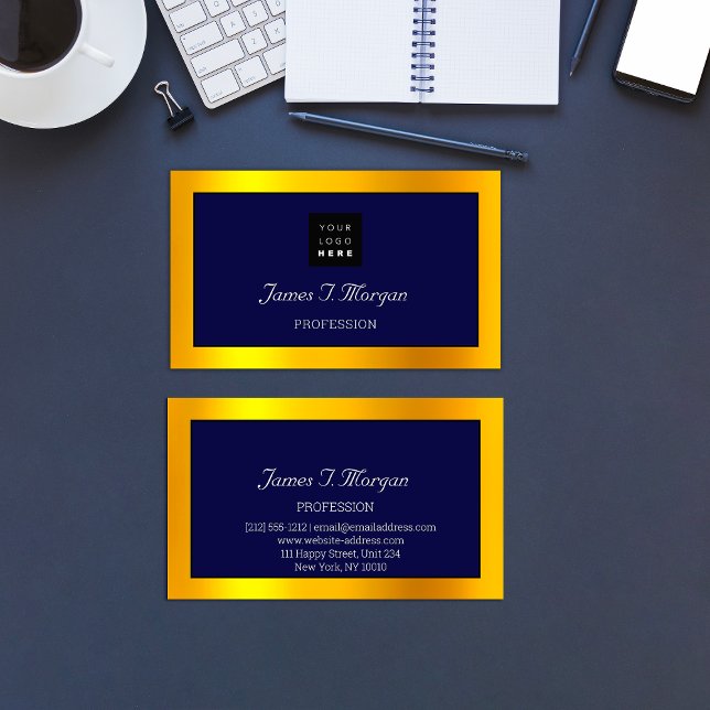 Cartão De Visita Marinho de logotipo com estrutura profissional ele (Elegant Professional Framed Logo Navy White Gold Business Card)