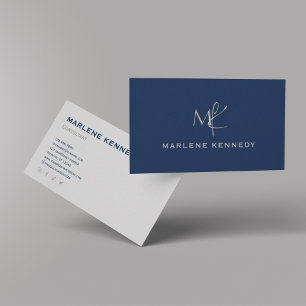 Cartão De Visita Marinho de prata personalizado elegante, monograma