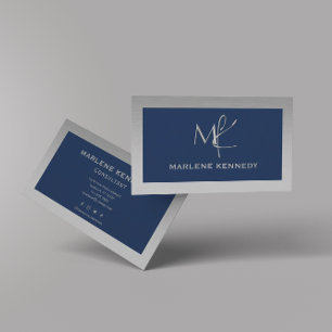 Cartão De Visita Marinho de prata personalizado elegante, monograma