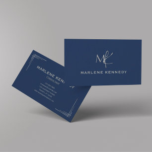 Cartão De Visita Marinho de prata personalizado elegante, monograma