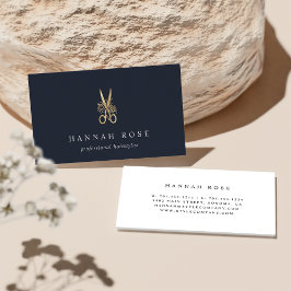 Cartão De Visita Marinho e Tesoura Floral Dourada Logotipo Hairstyl