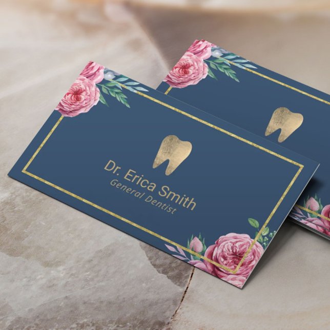 Cartão De Visita Marinho Elegante Dental e Dentista Floral Dourada (Criador carregado)