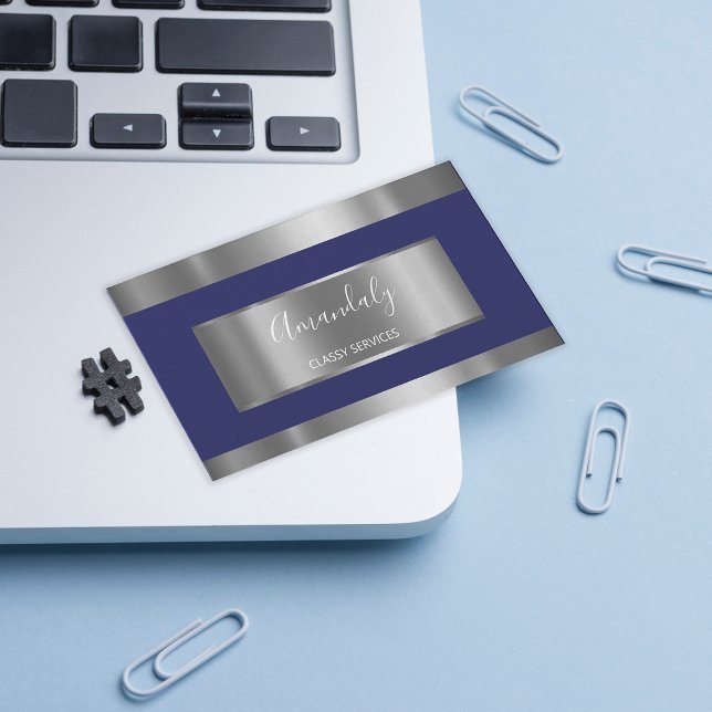 Cartão De Visita Marinho Elegente com Cinza Prata Profissional (Criador carregado)