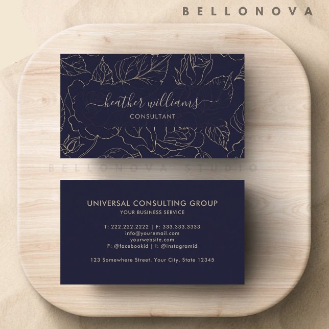 Cartão De Visita Marinho Escuro Personalizado Flor Dourado Azul Pro (Custom Dark Navy Blue Gold Flower Professional Business Card)