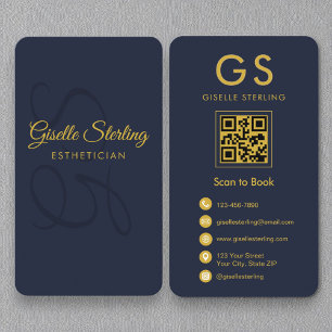 Cartão De Visita Marinho esteticista Monograma Código QR Azul Doura