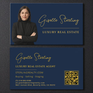 Cartão De Visita Marinho Imobiliário Azul Dourado Código QR Script