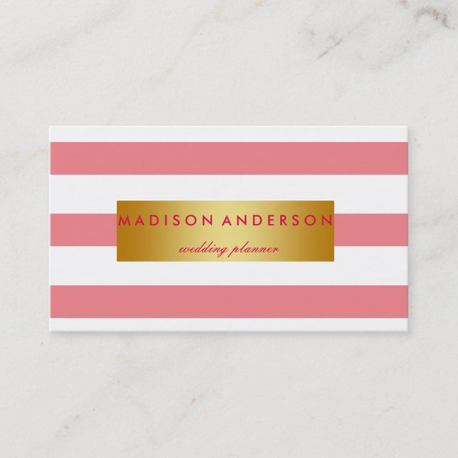 Cartão De Visita Marinho rosa e tiras chic brancas em Dourado (Frente)