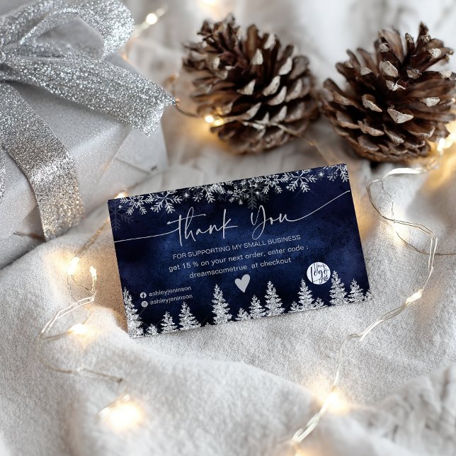 Cartão De Visita Marinho Winter Snowflake Ordem de Natal Obrigado (Navy Winter Snowflake Christmas Order Thank You Business Card)