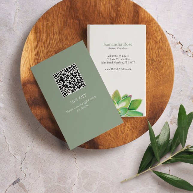 Cartão De Visita Marketing profissional - Suculente a Aquarela Verd (business card with QR code features watercolor succulent art by Victoria Grigaliunas Do Tell A Belle)