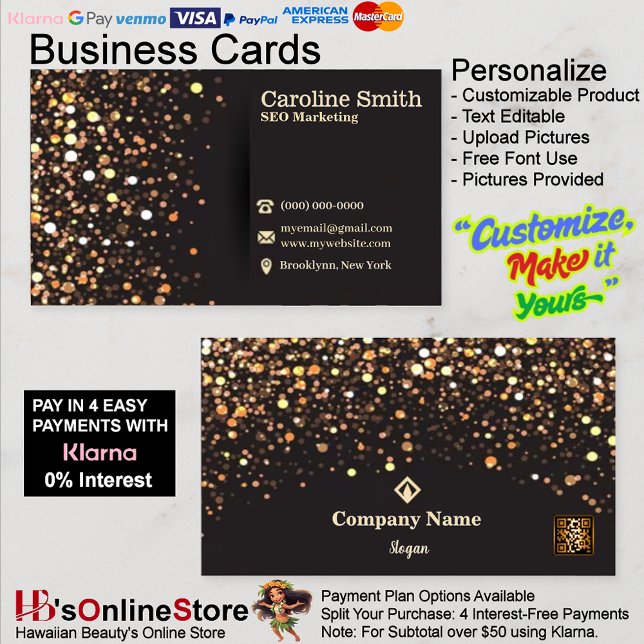 Cartão De Visita Marketing SEO Elegante Código QR Glitter Dourado e (SEO Marketing Elegant Gold & Black Glitter QR Code Business Card 34.)