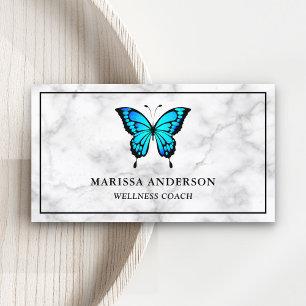 Cartão De Visita Mármore Branco Elegante Borboleta Azul
